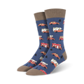 Pair of crew socks in navy blue with a pattern of orange and white camper vans and cars.  The socks have taupe-colored cuffs.