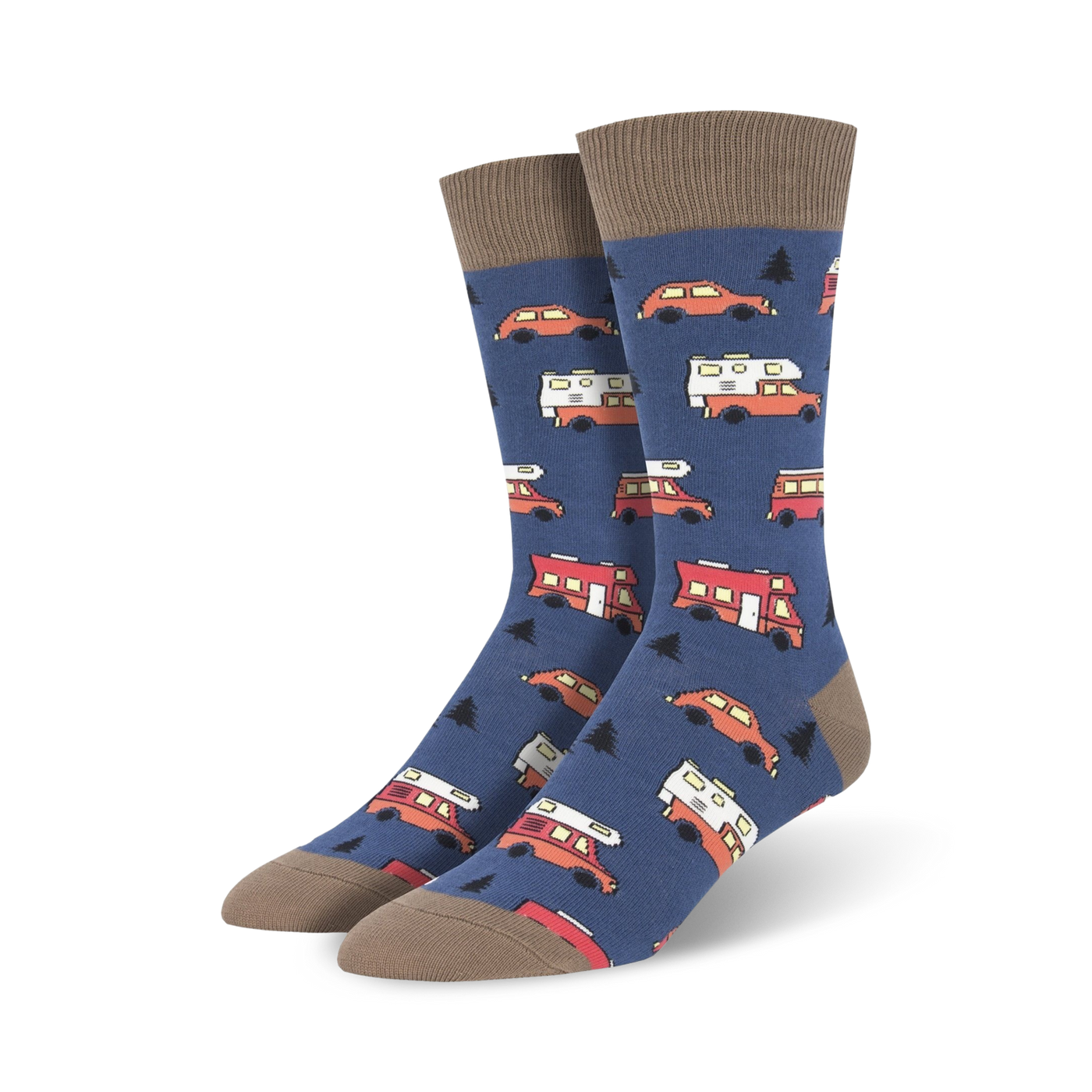 Pair of crew socks in navy blue with a pattern of orange and white camper vans and cars.  The socks have taupe-colored cuffs.