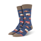 Pair of crew socks in navy blue with a pattern of orange and white camper vans and cars.  The socks have taupe-colored cuffs.