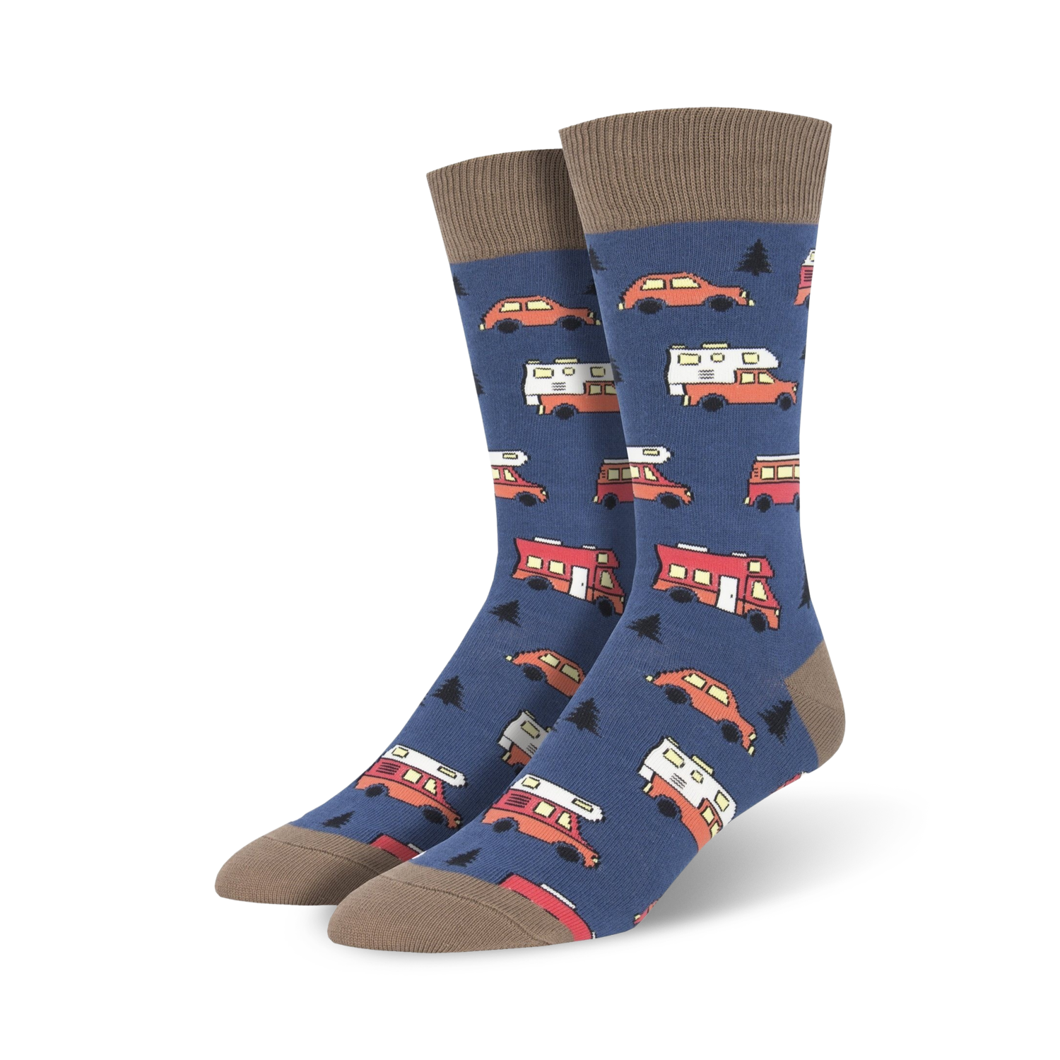 Pair of crew socks in navy blue with a pattern of orange and white camper vans and cars.  The socks have taupe-colored cuffs.