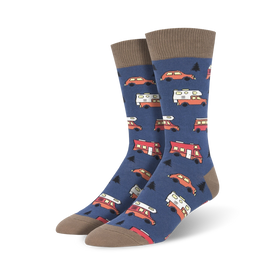 blue camper van socks with brown toe and heel have pine trees on a blue background.  