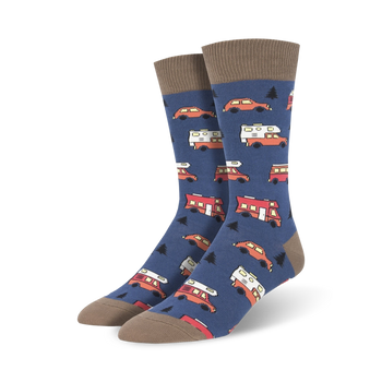 blue camper van socks with brown toe and heel have pine trees on a blue background.  