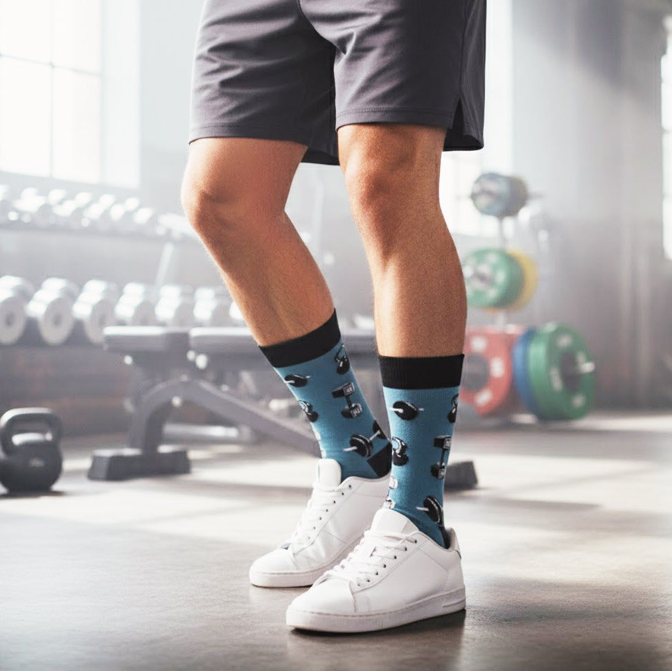 Model wearing teal crew socks with black dumbbells & kettlebells, styled with grey shorts and white sneakers in a gym. [lf]