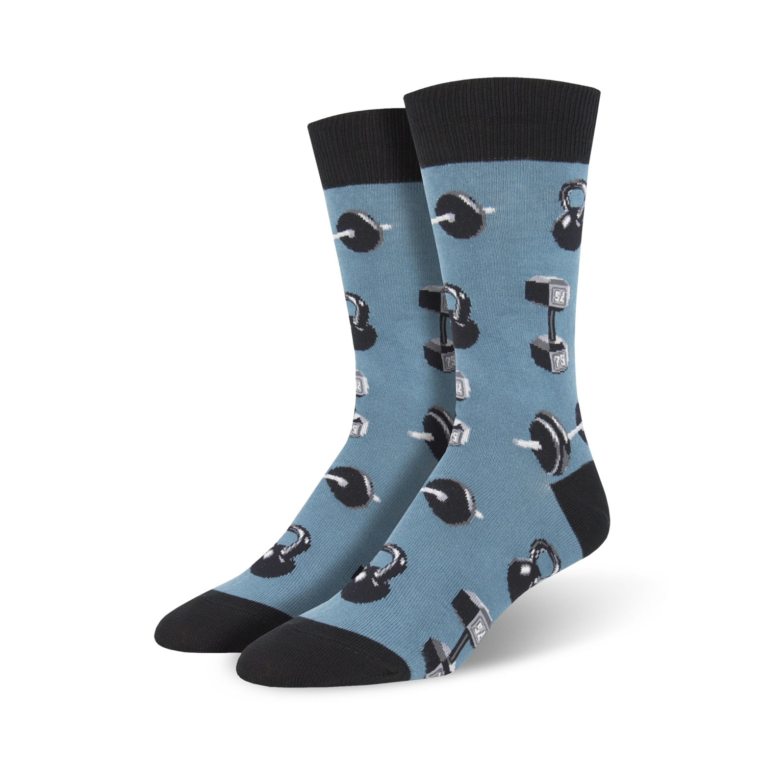 A pair of men's crew socks in blue with a pattern of grey kettlebells and dumbbells.  Black cuffs complete the look.