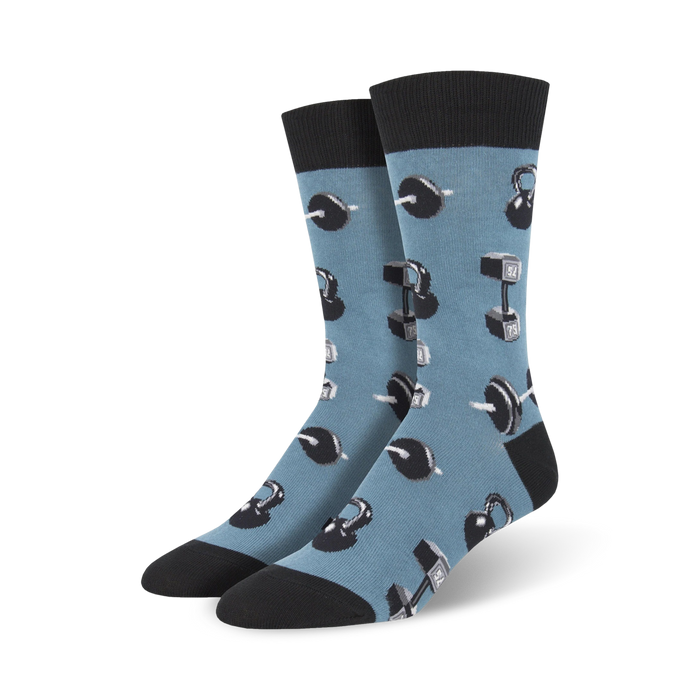 blue crew socks with black and grey kettlebells and barbells pattern