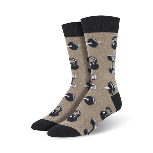 A lifestyle shot of the tan 'Do You Even Lift, Bro?' socks with a subtle background.