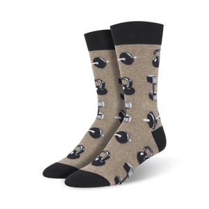 mens brown crew socks with black and gray kettlebell and barbell pattern.   