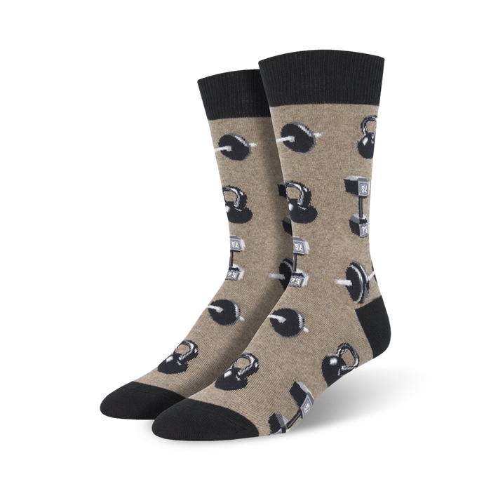 mens brown crew socks with black and gray kettlebell and barbell pattern.   