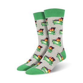 mens gray crew socks with pixelated dumpster fire pattern. orange flames, black smoke. green toes, heels, and cuffs. funny.   