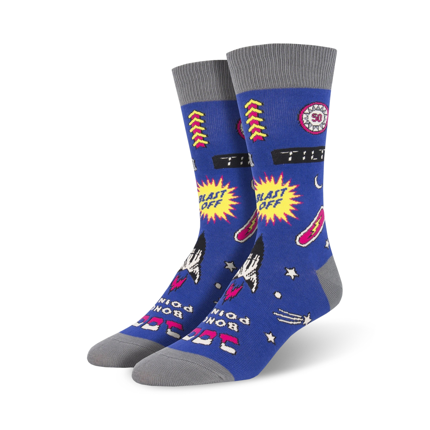 Pair of blue crew socks with a retro arcade design. Features yellow, pink, and white graphics against a blue background, including pixelated spaceships and the words 'Blast Off'.