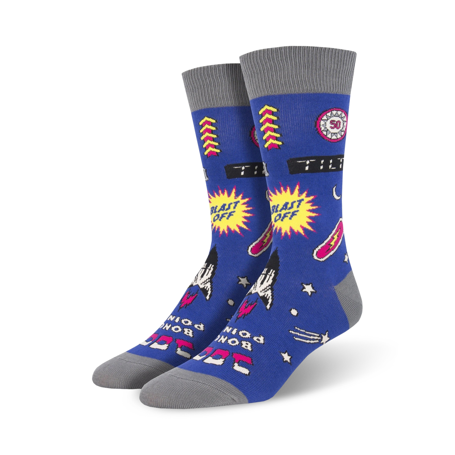 Pair of blue crew socks with a retro arcade design. Features yellow, pink, and white graphics against a blue background, including pixelated spaceships and the words 'Blast Off'.