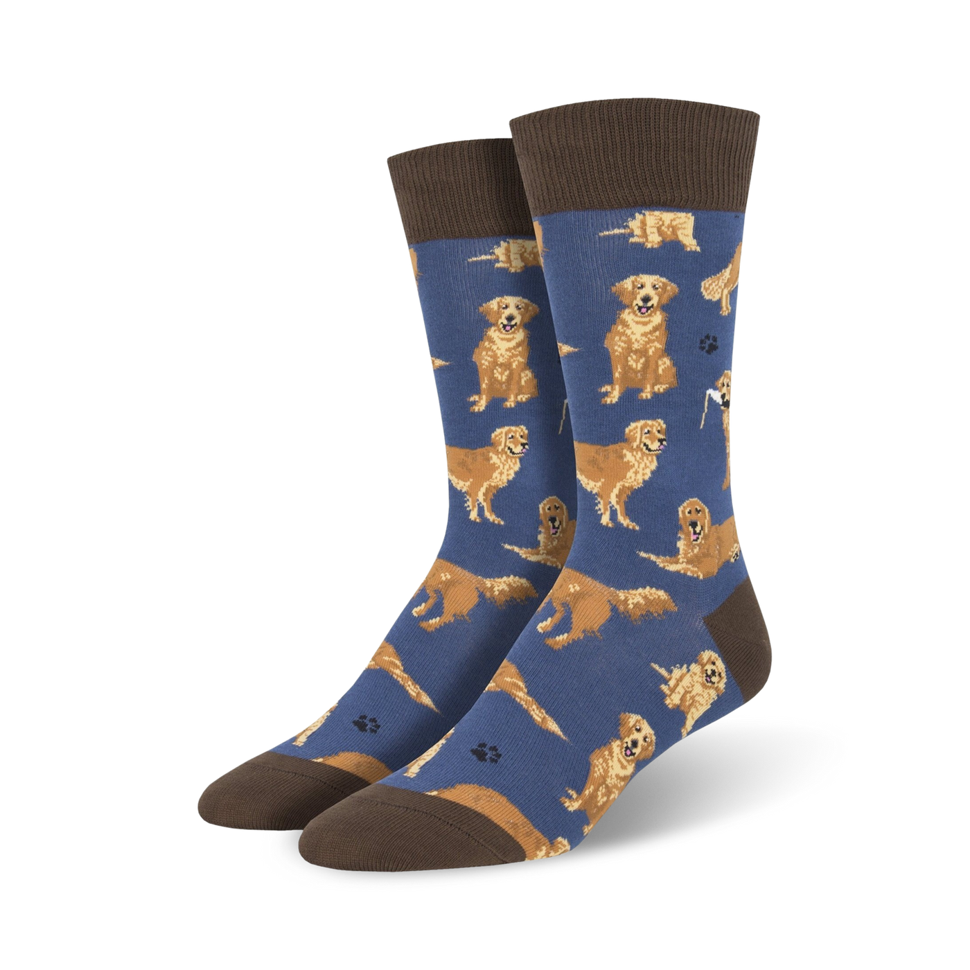 A pair of crew socks with a navy blue background and a pattern of golden retrievers. The socks have brown cuffs.
