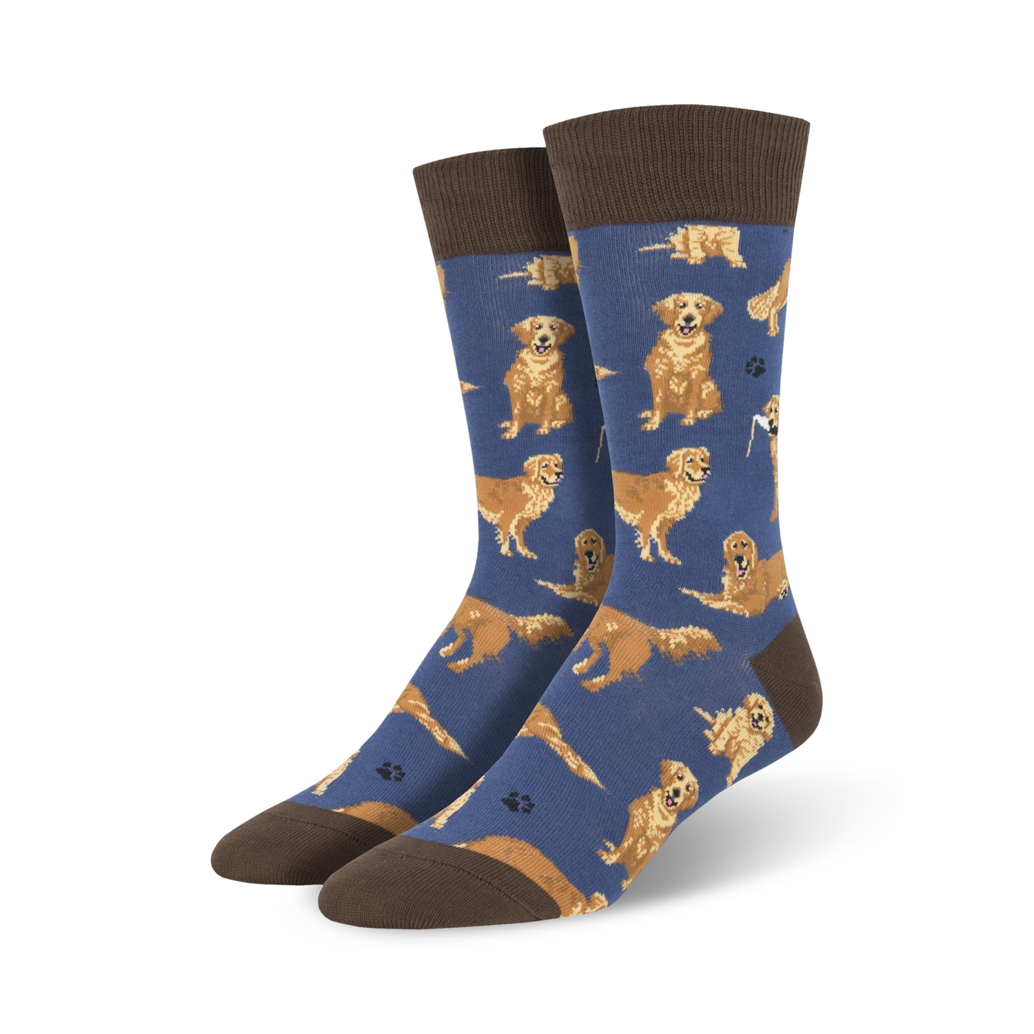 A pair of crew socks with a navy blue background and a pattern of golden retrievers. The socks have brown cuffs.