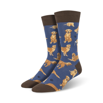 blue crew socks with a pattern of golden retrievers in various poses.   