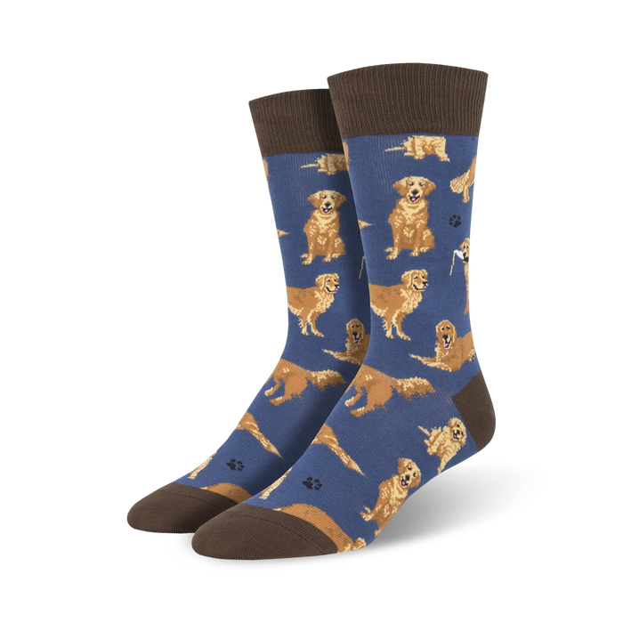 blue crew socks with a pattern of golden retrievers in various poses.    }}