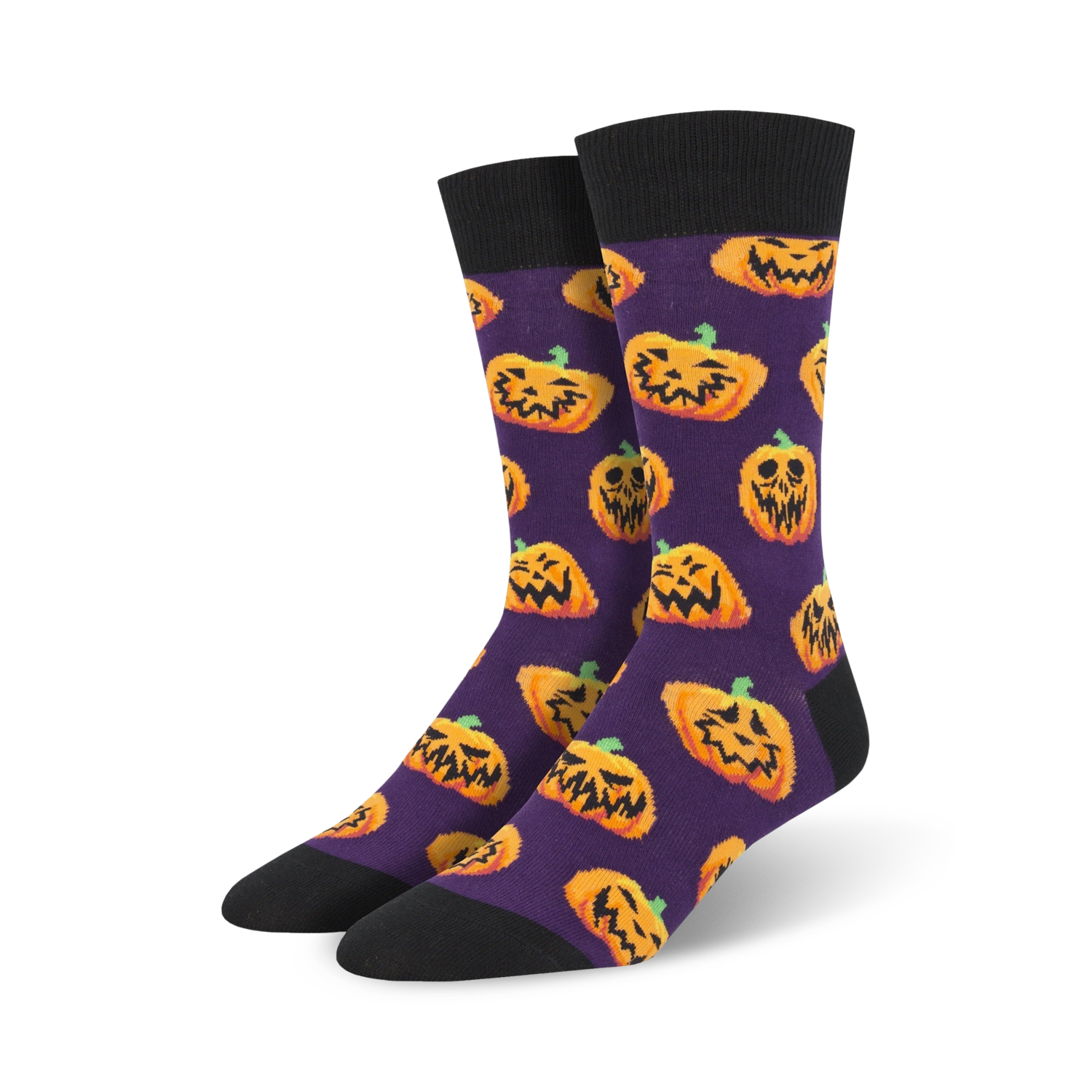 Pair of crew socks; purple background with orange grinning pumpkins; black cuff.