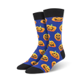 Lifestyle shot of Jack O' All Trades socks on feet; blue background version shown.