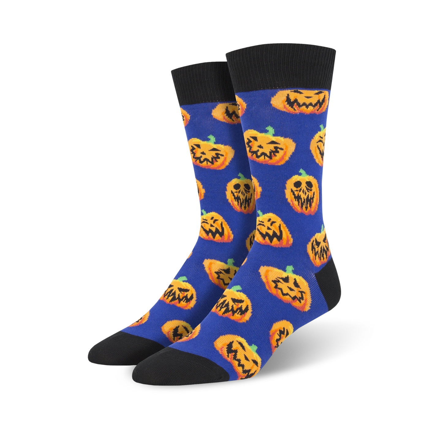 Lifestyle shot of Jack O' All Trades socks on feet; blue background version shown.