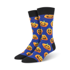 Lifestyle shot of Jack O' All Trades socks on feet; blue background version shown.