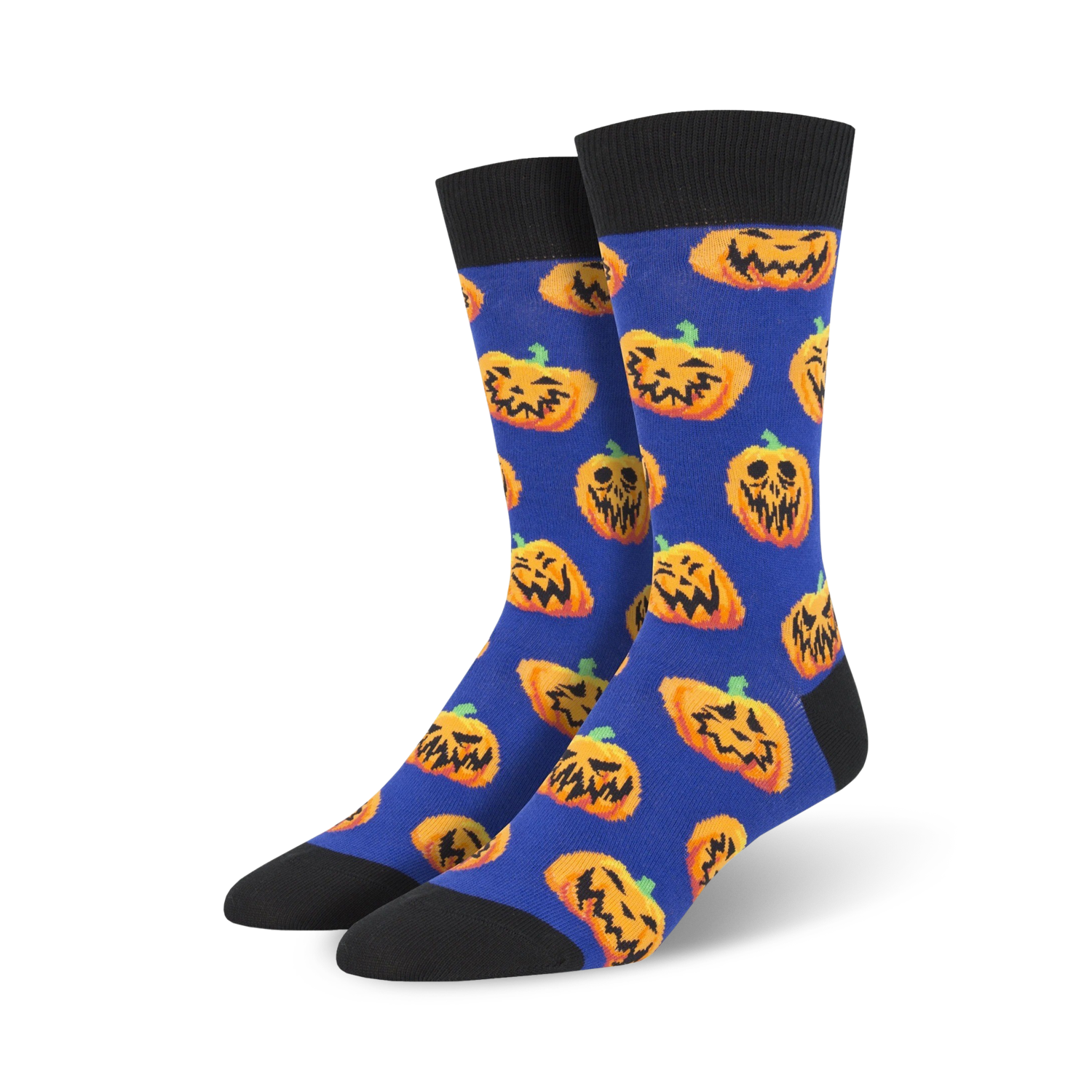 Lifestyle shot of Jack O' All Trades socks on feet; blue background version shown.