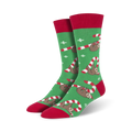 Pair of crew socks; green and red with sloths hanging from candy canes; whimsical Christmas design.