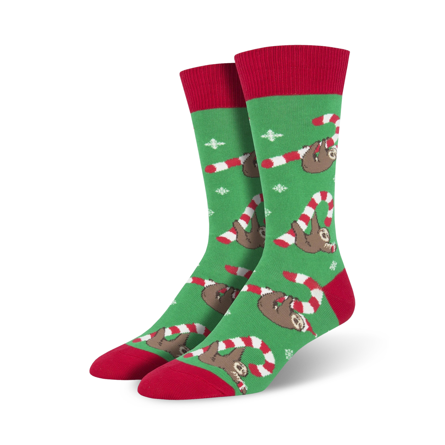 Pair of crew socks; green and red with sloths hanging from candy canes; whimsical Christmas design.