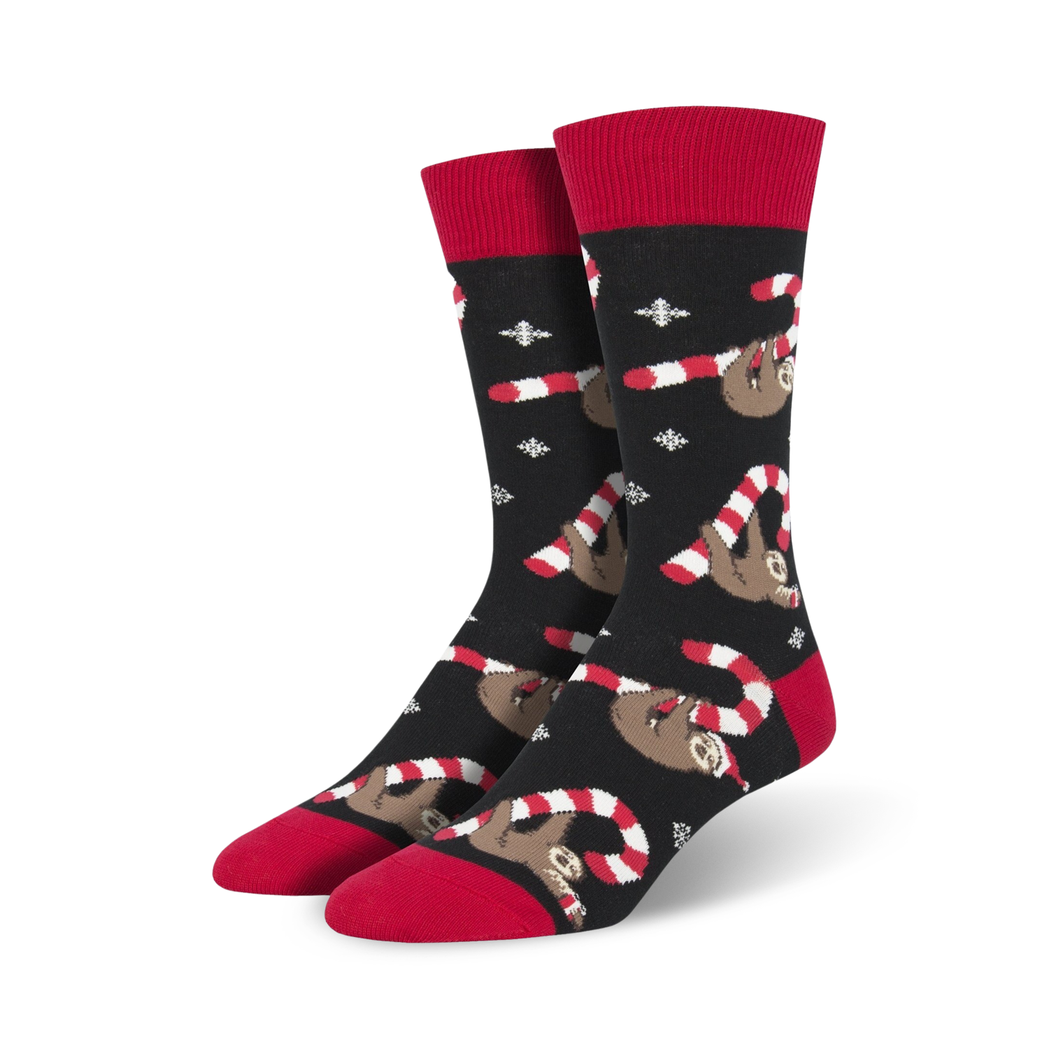Lifestyle photo showing the Merry Slothmas socks on a person's feet, showcasing the overall look in a casual setting.