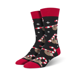 men's crew socks with sloths in santa hats, candy canes, and snowflakes.   