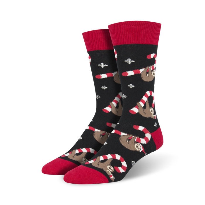 men's crew socks with sloths in santa hats, candy canes, and snowflakes.   