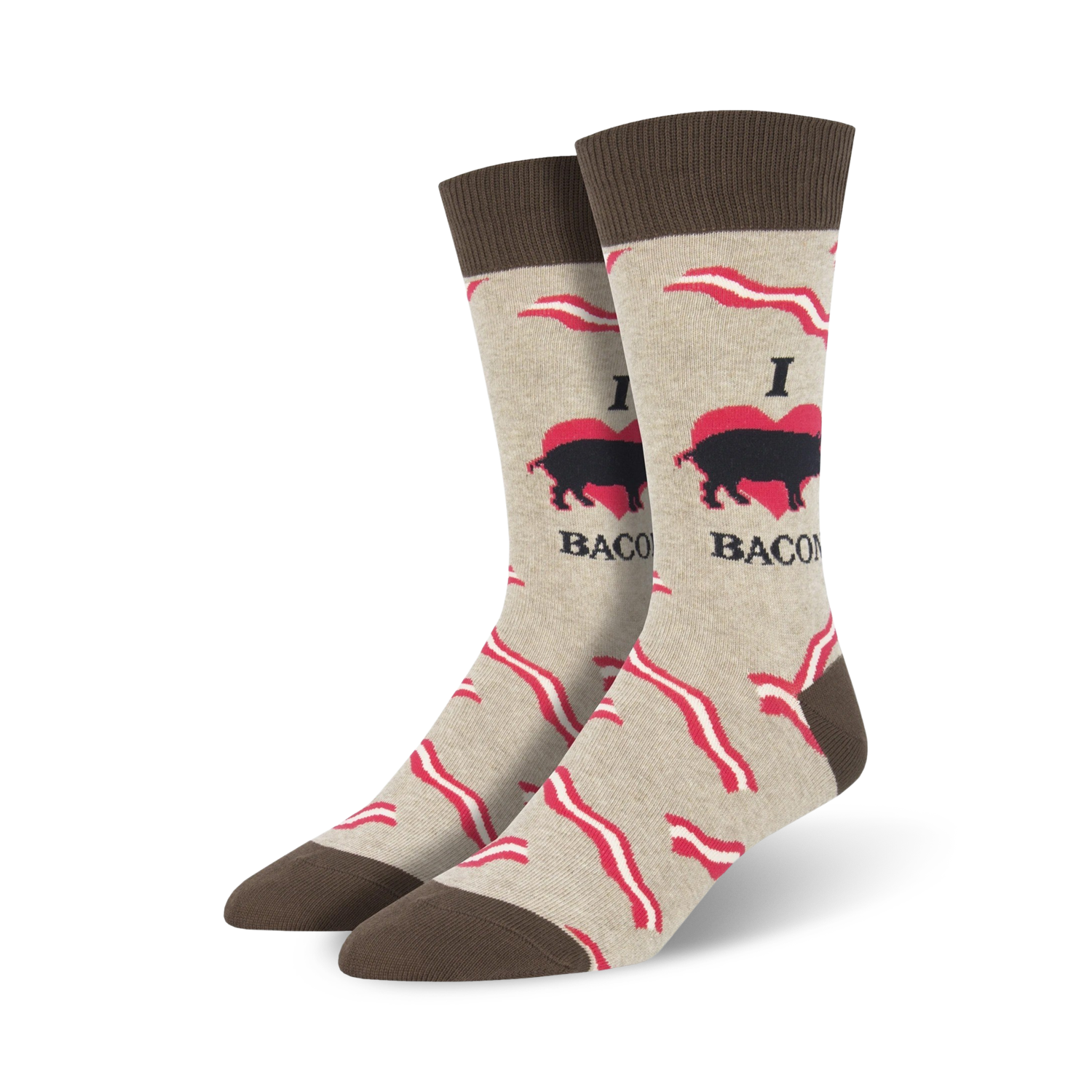 Pair of crew socks in beige and brown.  The socks feature a pattern of bacon strips and a 'I love bacon' graphic with a pig.