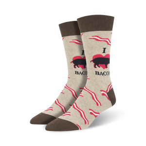 beige mens crew socks with red bacon strip pattern and black cartoon pigs, 