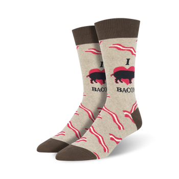 beige mens crew socks with red bacon strip pattern and black cartoon pigs, "bacon" written in red on the bottom.  