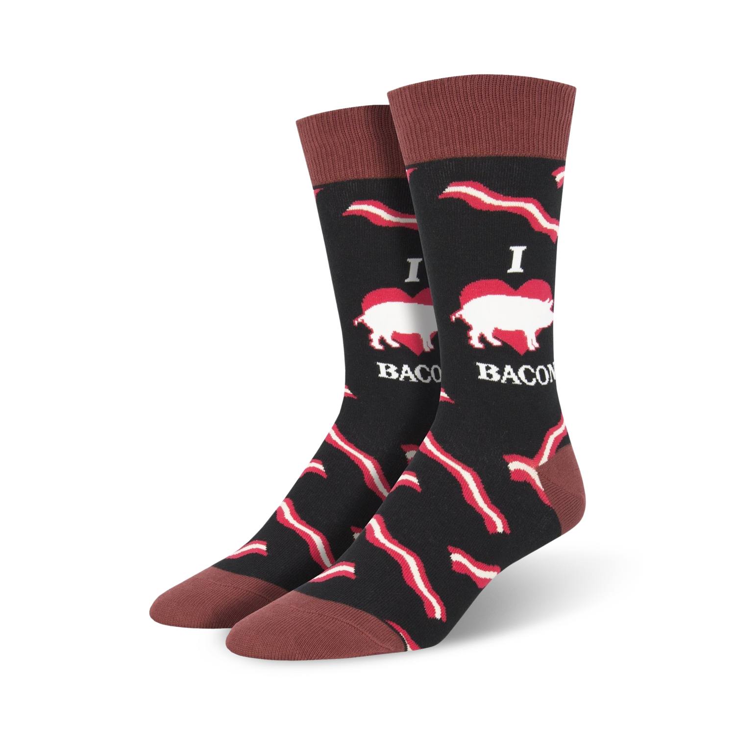 Lifestyle shot showing the black 'Mmm Bacon' socks on a person's feet, demonstrating how the socks look when worn.
