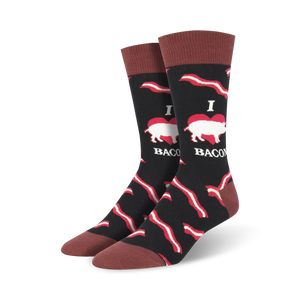 black novelty socks for men with red, white bacon strip pattern and 