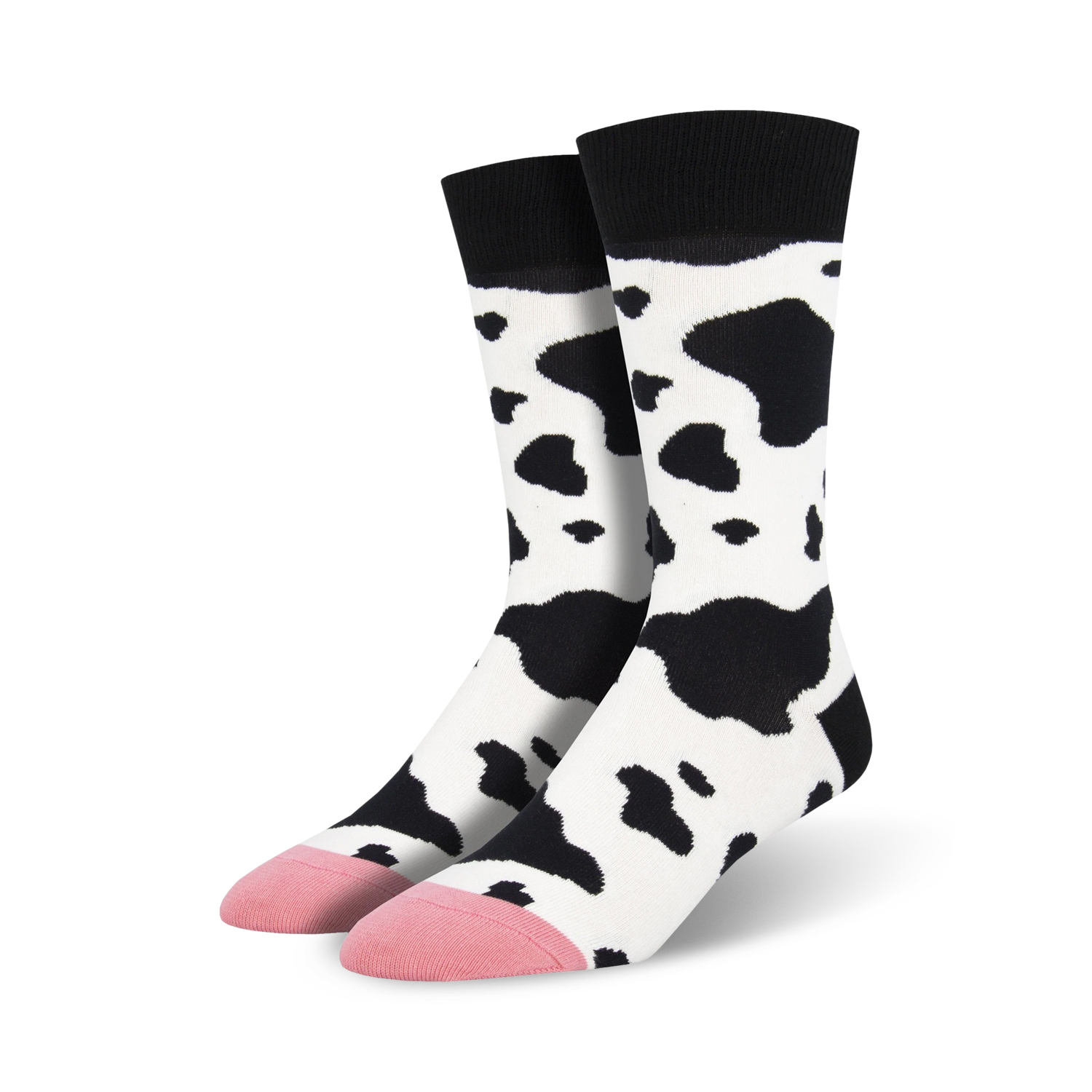 Pair of crew socks with a black and white cow print design.  Pink accents at the toes. Fun and quirky style.