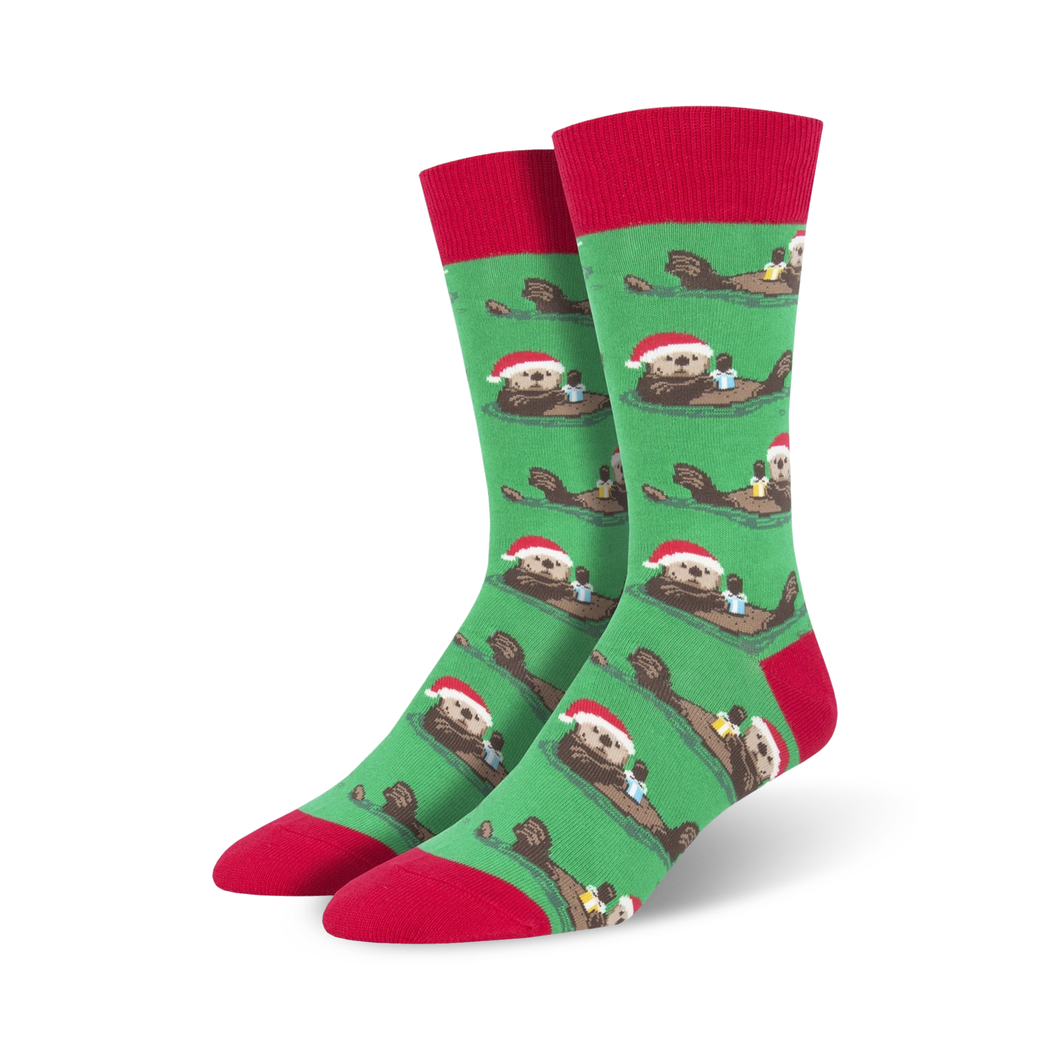 Lifestyle shot of Otterly Merry socks on a person's feet, showing how they look when worn.