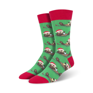 green crew socks with otters wearing santa hats and red toes and cuffs  