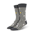 Pair of grey crew socks with a maze design.  Mice and cheese are featured throughout the maze pattern.
