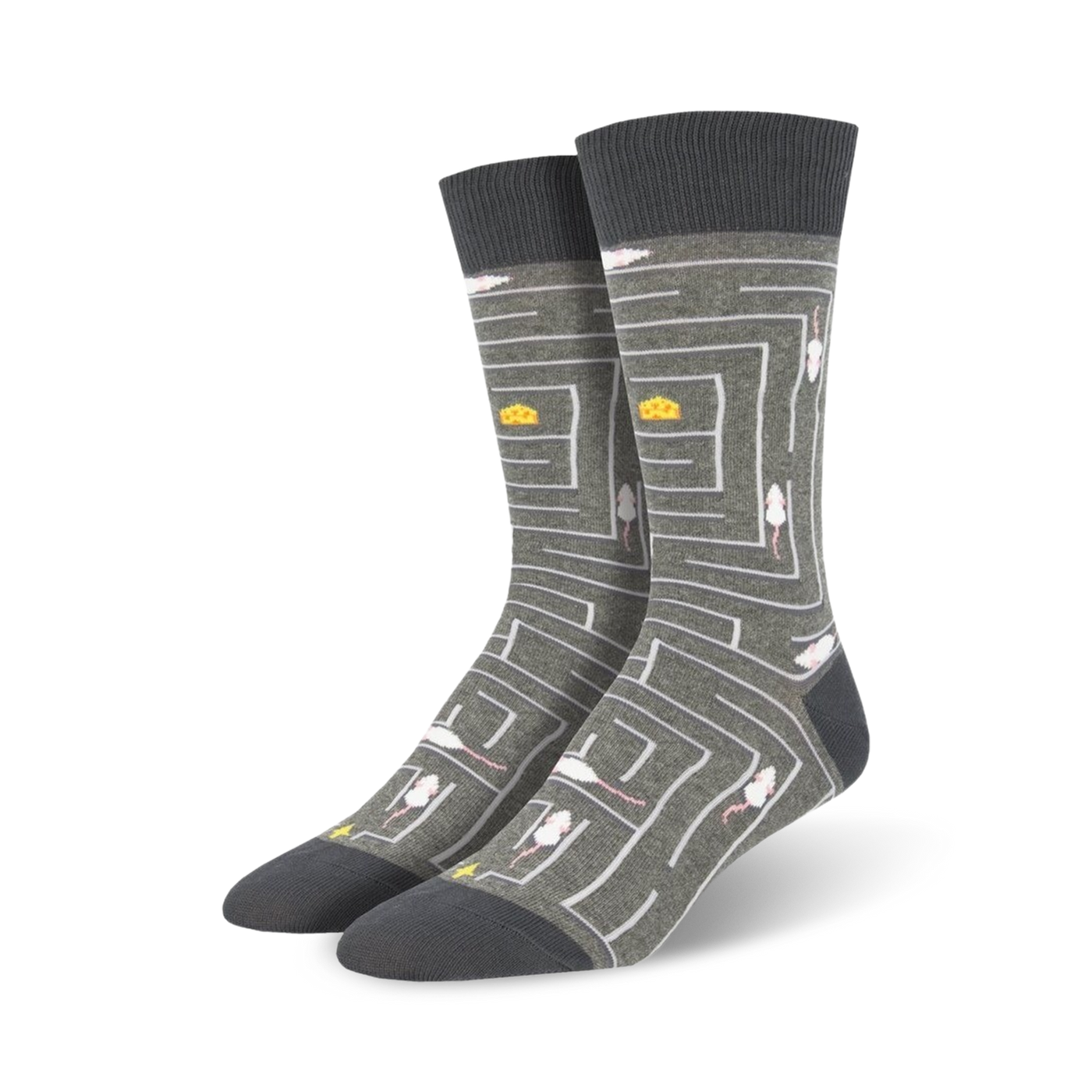 Pair of grey crew socks with a maze design.  Mice and cheese are featured throughout the maze pattern.