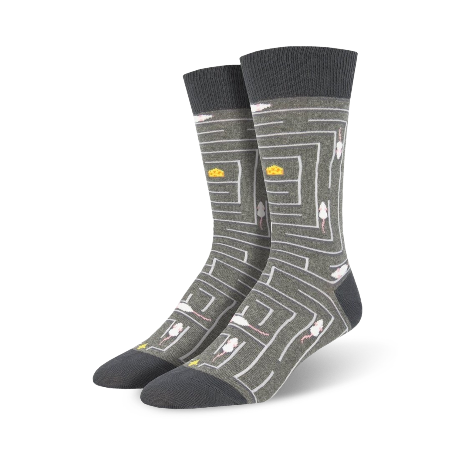Pair of grey crew socks with a maze design.  Mice and cheese are featured throughout the maze pattern.