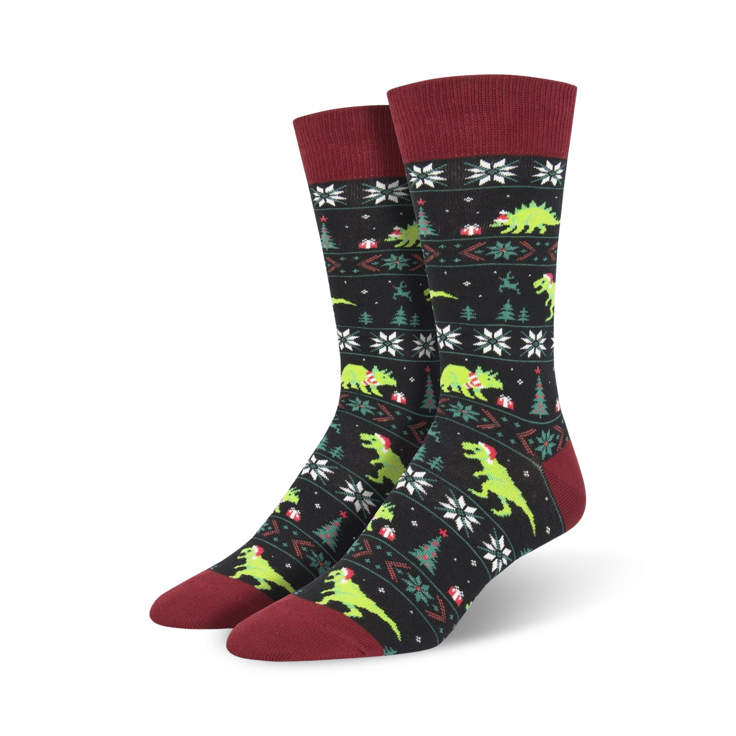 Pair of crew socks, black and green, featuring a Christmas-themed pattern with dinosaurs wearing Santa hats.