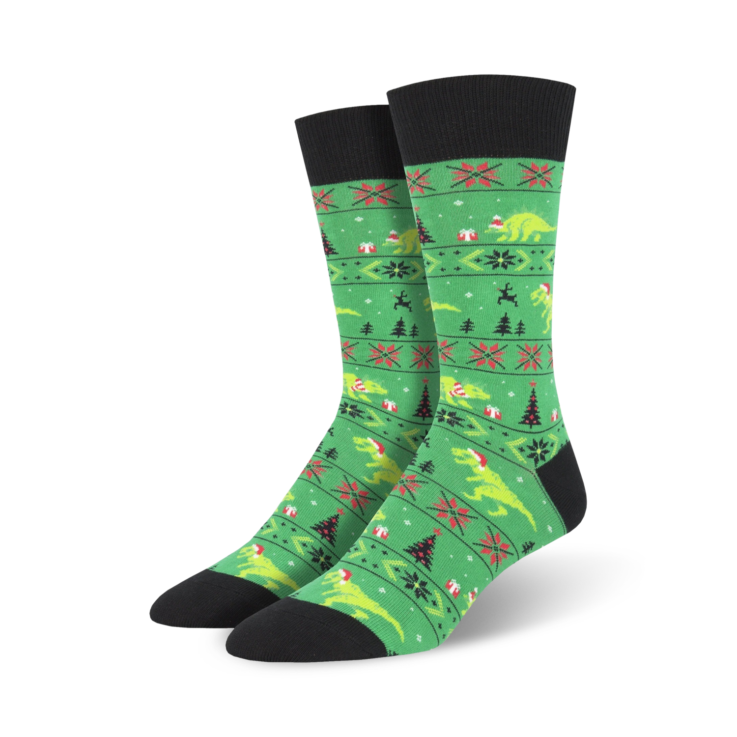 Lifestyle shot: A model's feet wearing the bright green Santasaurus Rex socks.