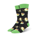 Pair of crew socks with a black background and repeating ramen noodle bowl pattern.  Bright green cuffs. Chopsticks are also part of the design.