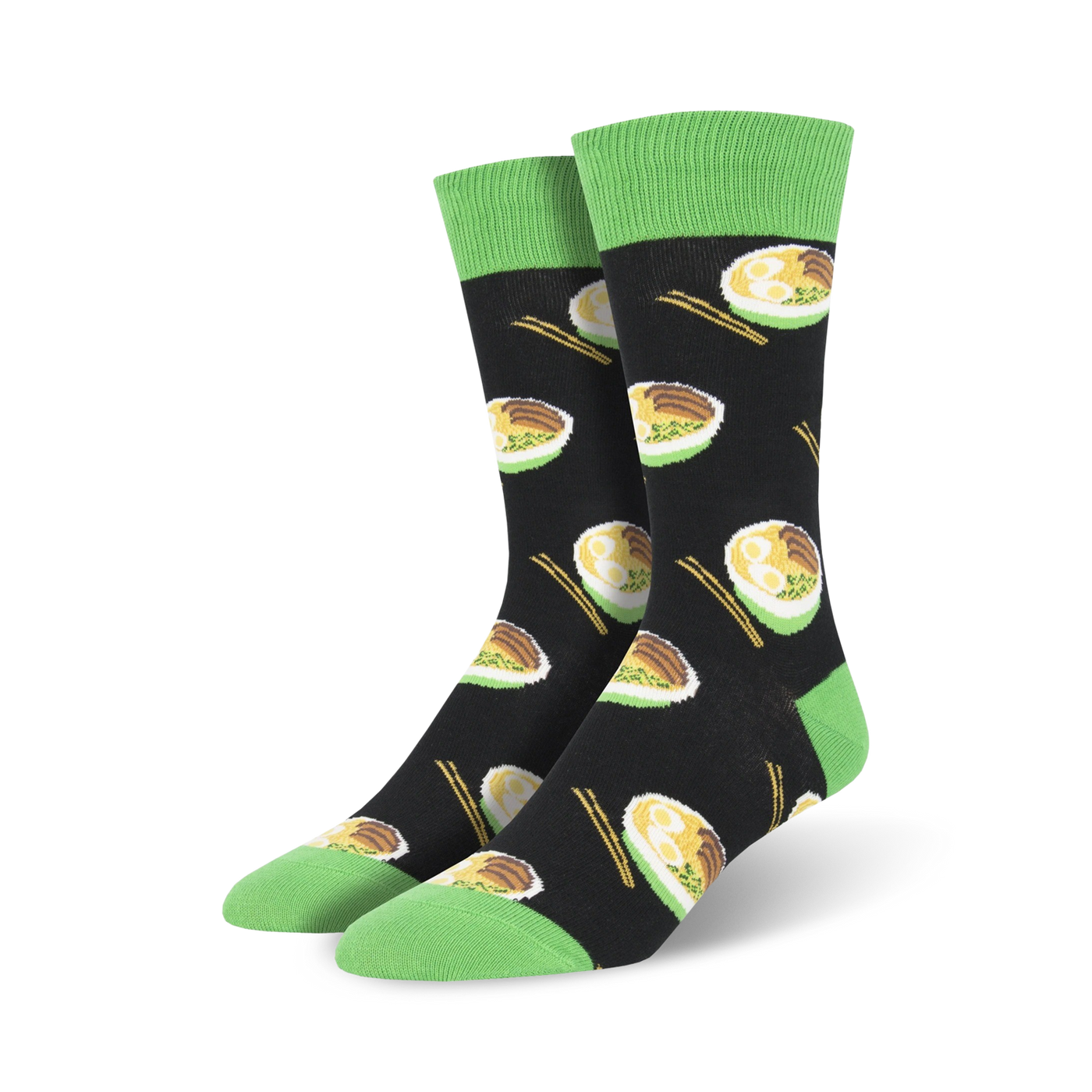 Pair of crew socks with a black background and repeating ramen noodle bowl pattern.  Bright green cuffs. Chopsticks are also part of the design.