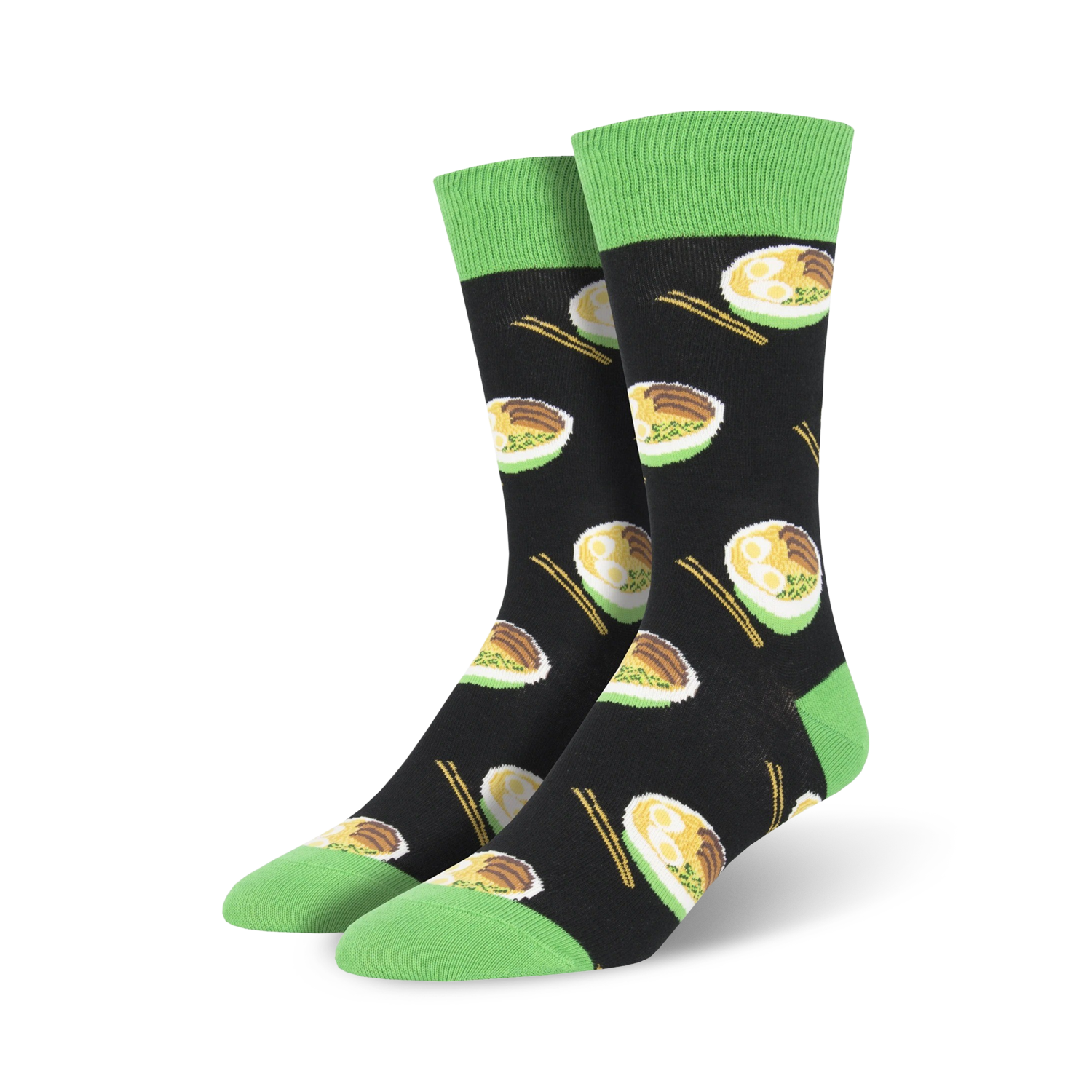 Pair of crew socks with a black background and repeating ramen noodle bowl pattern.  Bright green cuffs. Chopsticks are also part of the design.