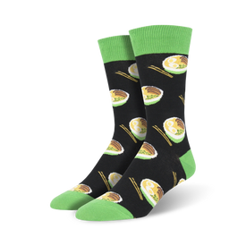 black crew socks with pattern of steaming noodle bowls in yellow, brown, and white. green toe, heel, and chopsticks. for men