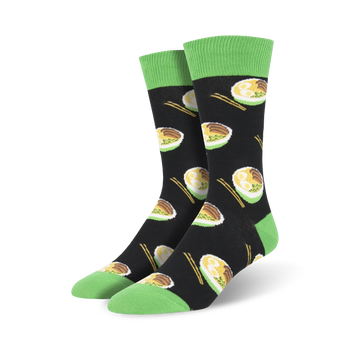 black crew socks with pattern of steaming noodle bowls in yellow, brown, and white. green toe, heel, and chopsticks. for men