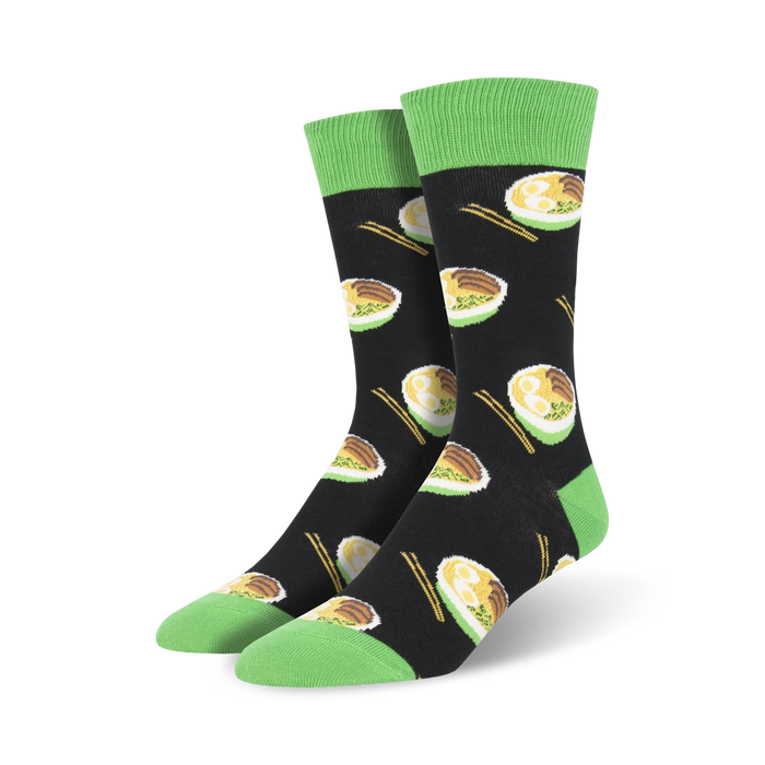 black crew socks with pattern of steaming noodle bowls in yellow, brown, and white. green toe, heel, and chopsticks. for men }}