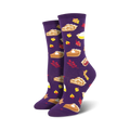 A pair of women's crew socks in purple, adorned with images of autumn pies and leaves. A cozy and festive design perfect for fall.