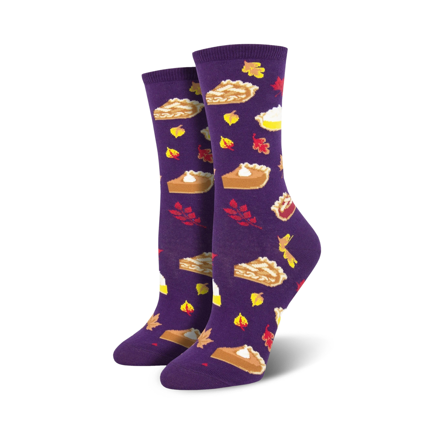A pair of women's crew socks in purple, adorned with images of autumn pies and leaves. A cozy and festive design perfect for fall.